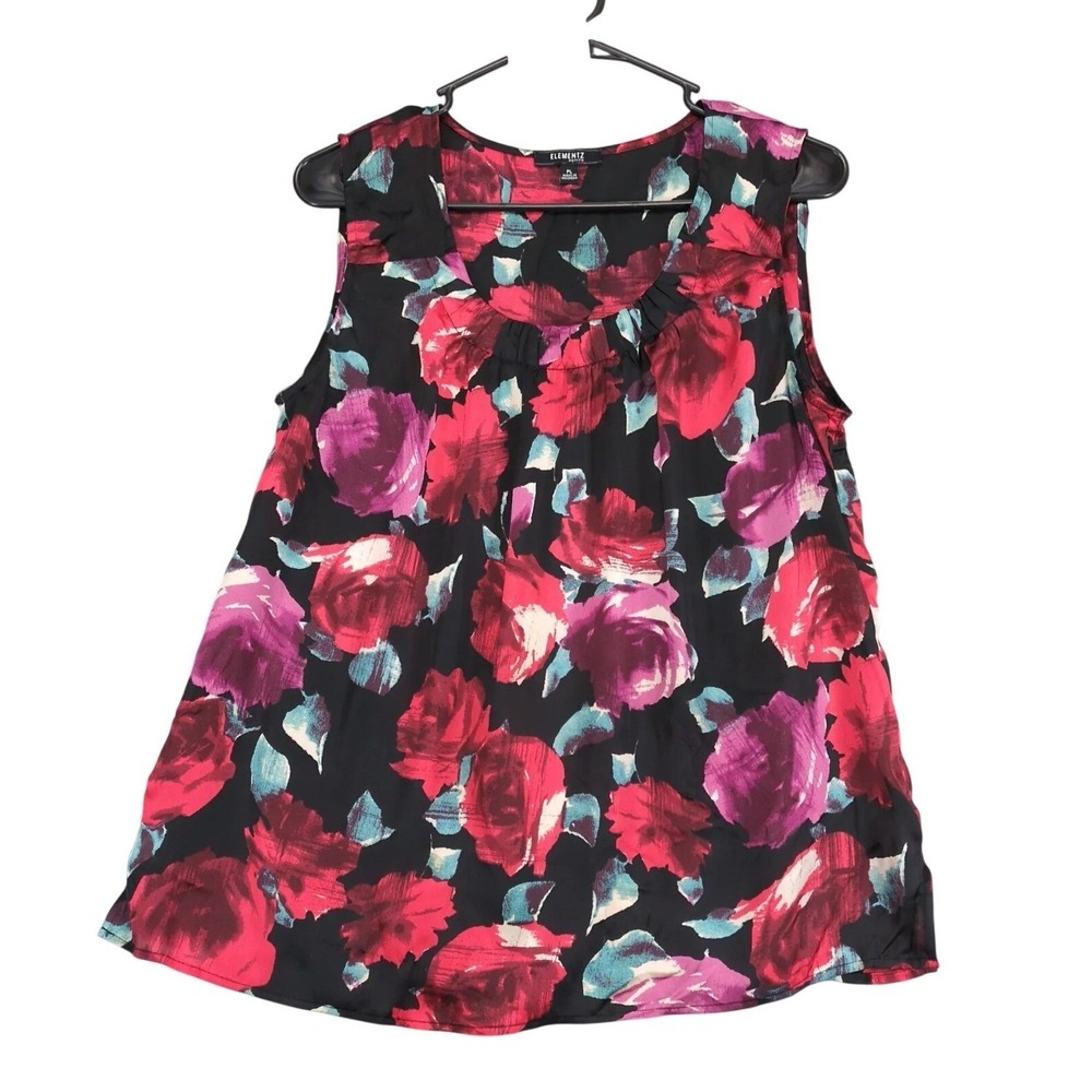 Elementz Black Floral Satin Tank Top Blouse Womens Petite L Semi-Sheer Career